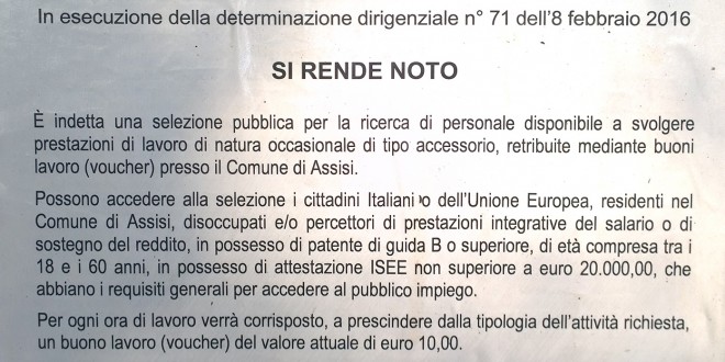 Dilagano i voucher in Umbria: ora pure l’amministrazione pubblica del Comune di Assisi ne fa uso, attacco della Cgil