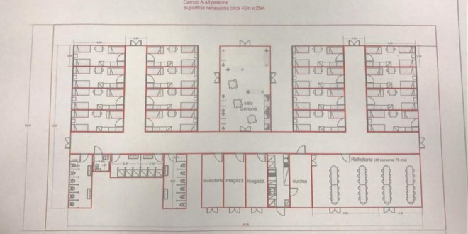 Terremoto, container da 48 posti letto divisi in quattro camerate. Tre docce, sei bagni e quattro lavandini per ciascun sesso